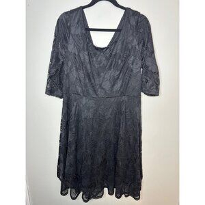 Lane Bryant Women's Black Lace V-Neck 3/4 Sleeve Dress back zipper Size 14 Midi